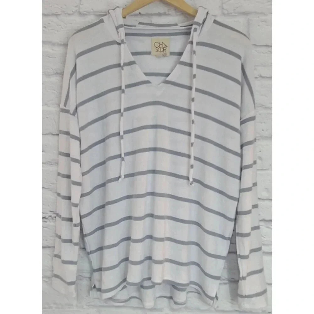 Chaser V-Neck Hoodie Hooded Sweatshirt Women's Large Gray White Striped Soft